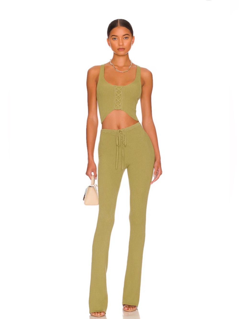 Camila Coelho Artemis Lace Up Knit Set Rosemary Green Flare Pants Top S Revolve